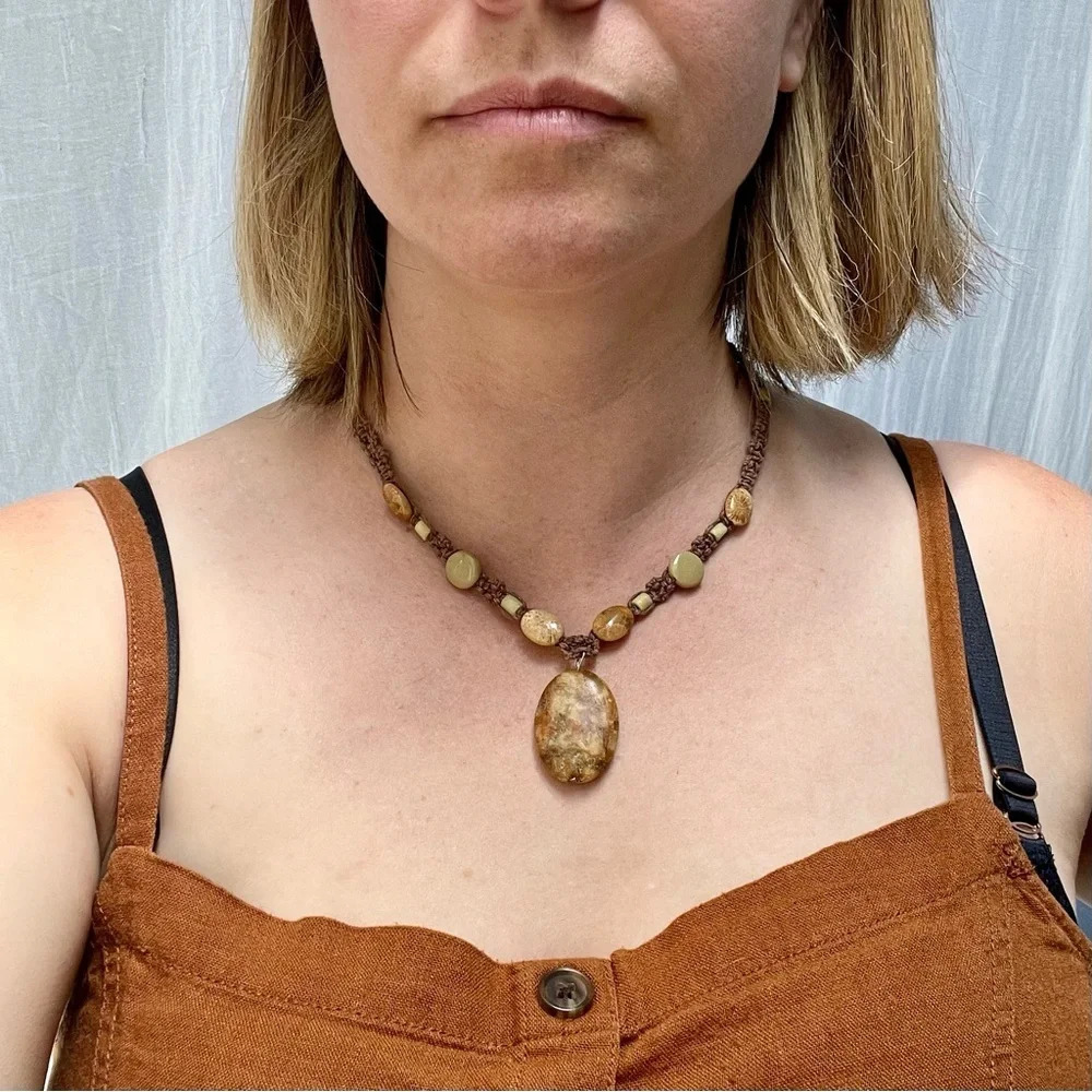 NWT Handmade by Me Macraméd Brown Hemp Jasper & Petoskey Stone Beaded Necklace
